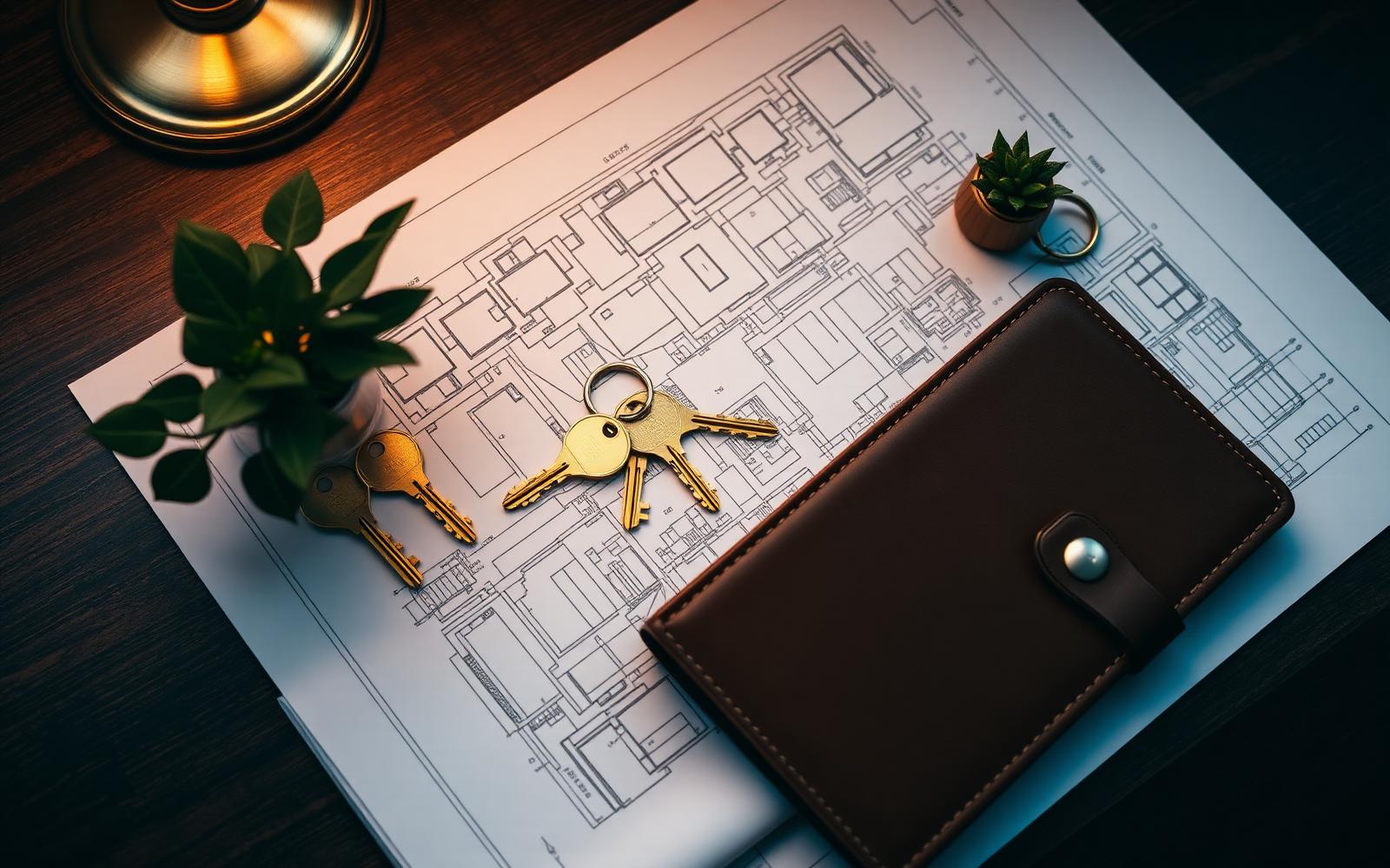 Brass keys resting on architectural blueprints